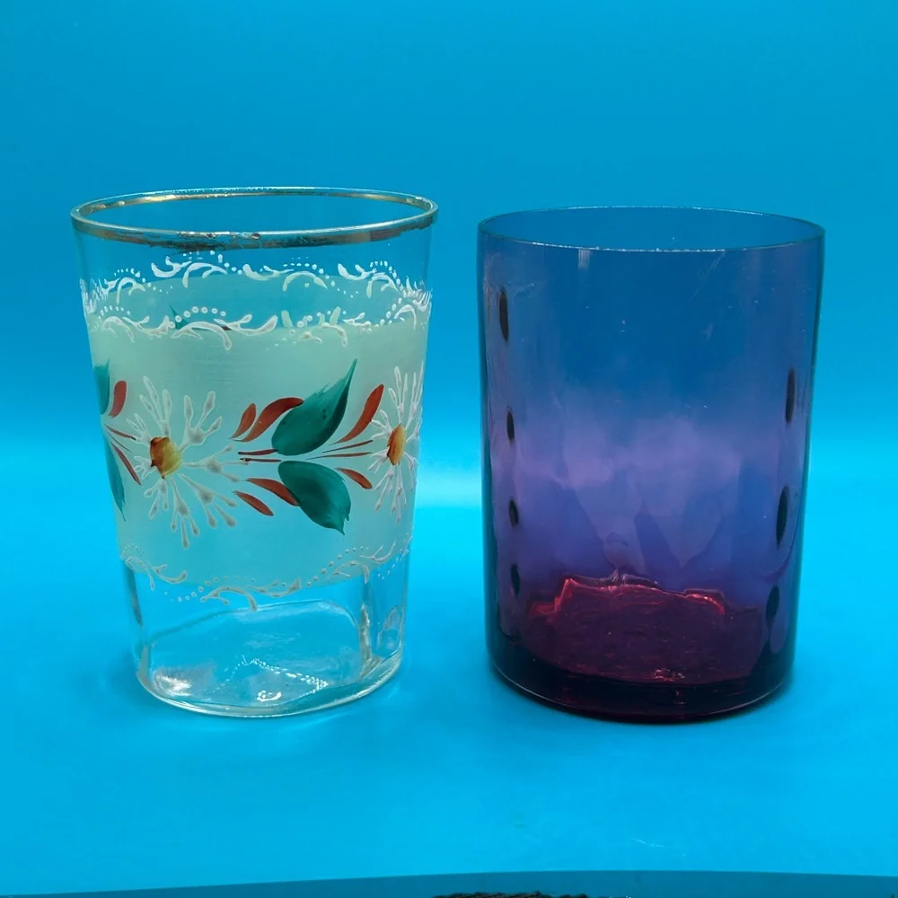 Victorian antique drinking glasses cranberry art glass and hand painted floral - Picture 1 of 4